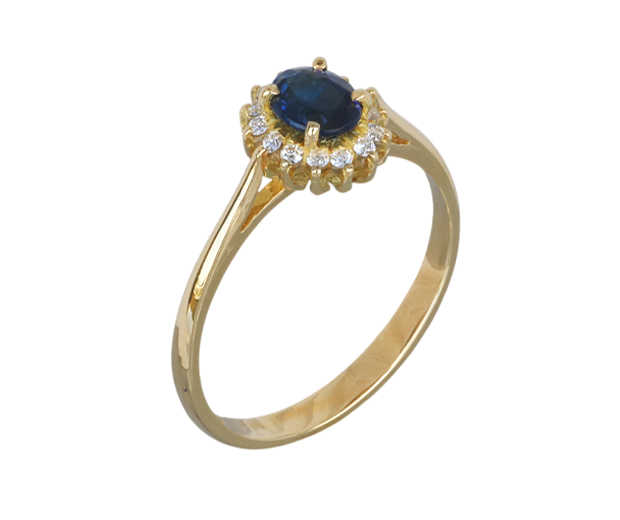 18KT GOLD RING SET WITH 01 BLUE SAPPHIRE AND 14 DIAMONDS 